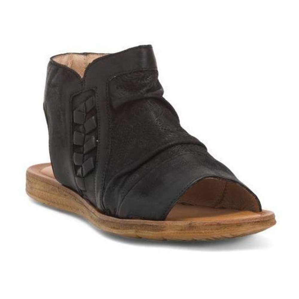 Miz Mooz Flaire Sandals Womens EU 38 Black New Leather Laser Cut Ruched Boho